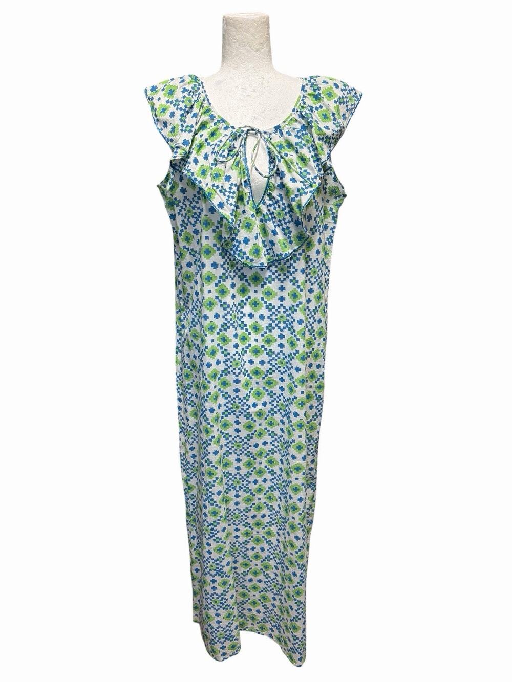 Nimo With Love Cotton Maxi Dress Ruffle Collar Green Blue Sleeveless V Neck Sz L